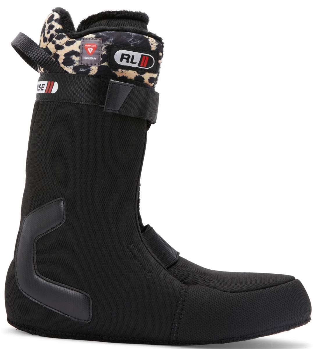 DC Women's Mora BOA Snowboard Boots 2024 - Black snowboard boots with a leopard print strap and silver buckle.