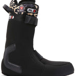 DC Women's Mora BOA Snowboard Boots 2024 - Black snowboard boots with a leopard print strap and silver buckle.