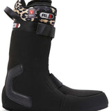 DC Women's Mora BOA Snowboard Boots 2024 - Black snowboard boots with a leopard print strap and silver buckle.