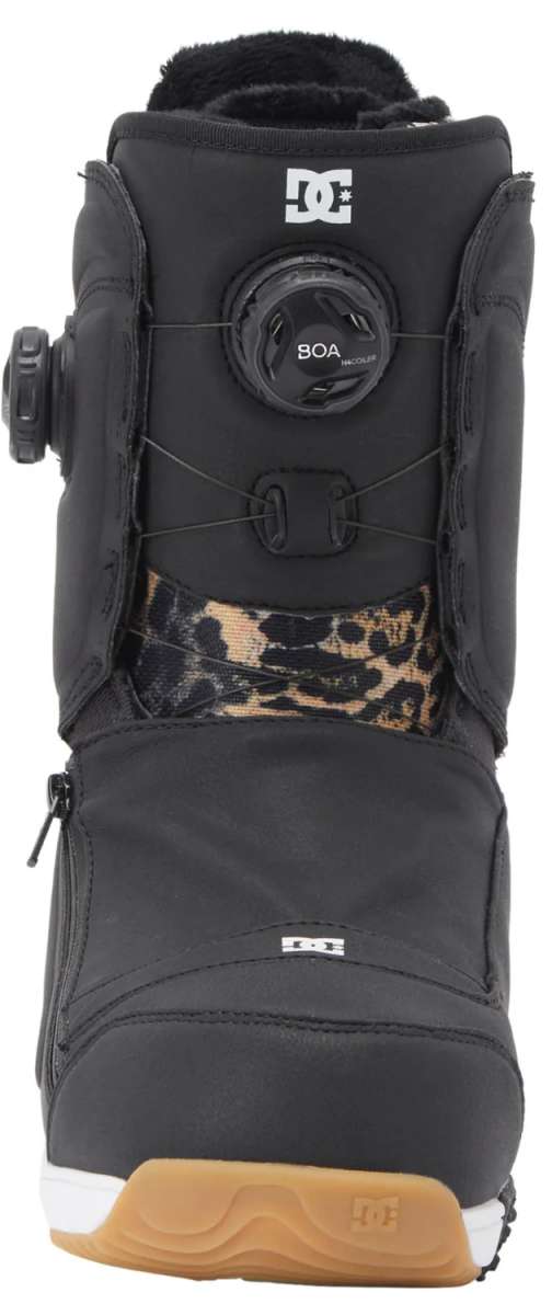 DC Women's Mora BOA Snowboard Boots 2024 - Black snowboard boots with a leopard print pattern on the tongue and heel.