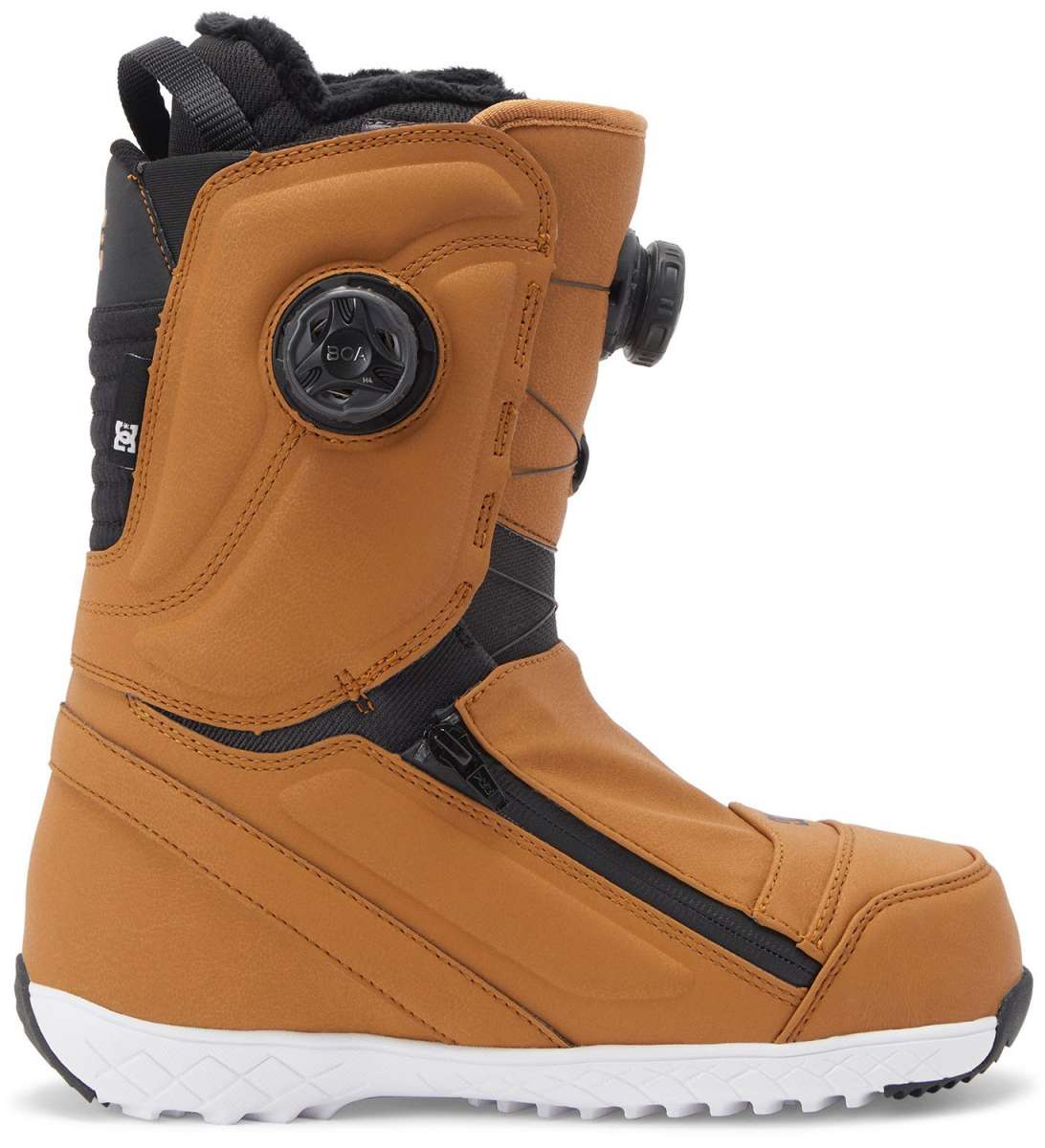 DC Women's Mora BOA Snowboard Boots 2024 - Black boots with a textured pattern on the toe and heel, featuring a round black BOA dial on the side.