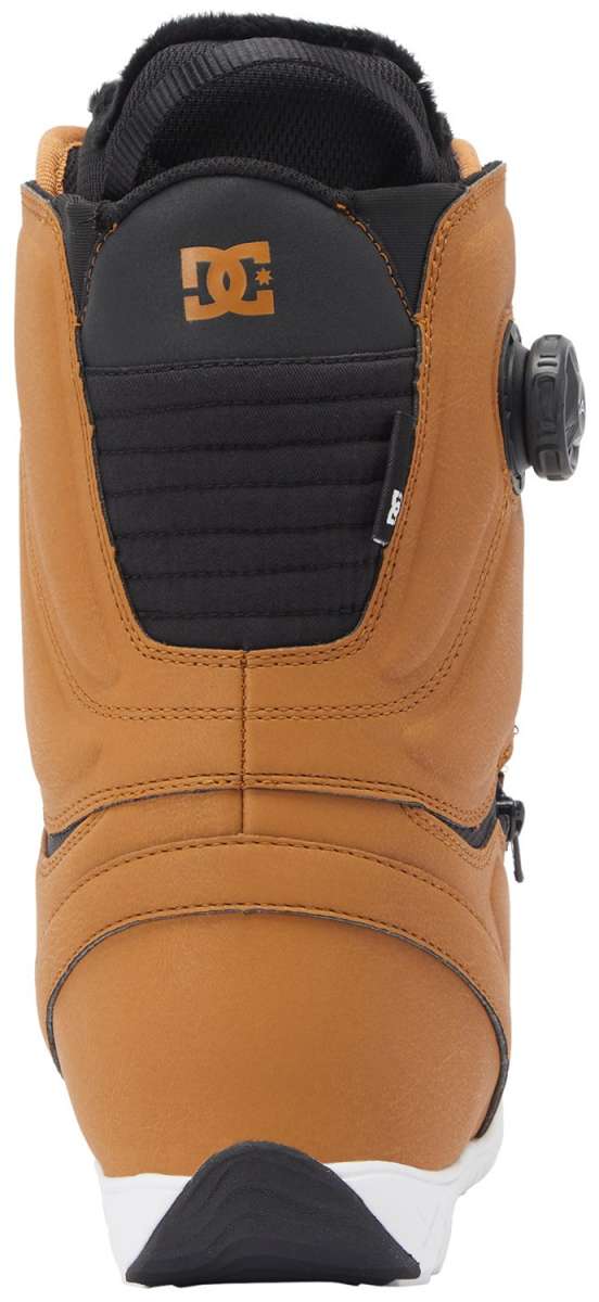 DC Women's Mora BOA Snowboard Boots 2024 - Black boots with a silver buckle and white laces.