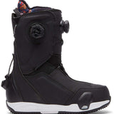 DC Women's Mora Step On Snowboard Boot 2023 - A black snowboard boot with a colorful patterned interior and a round, black BOA dial on the side.