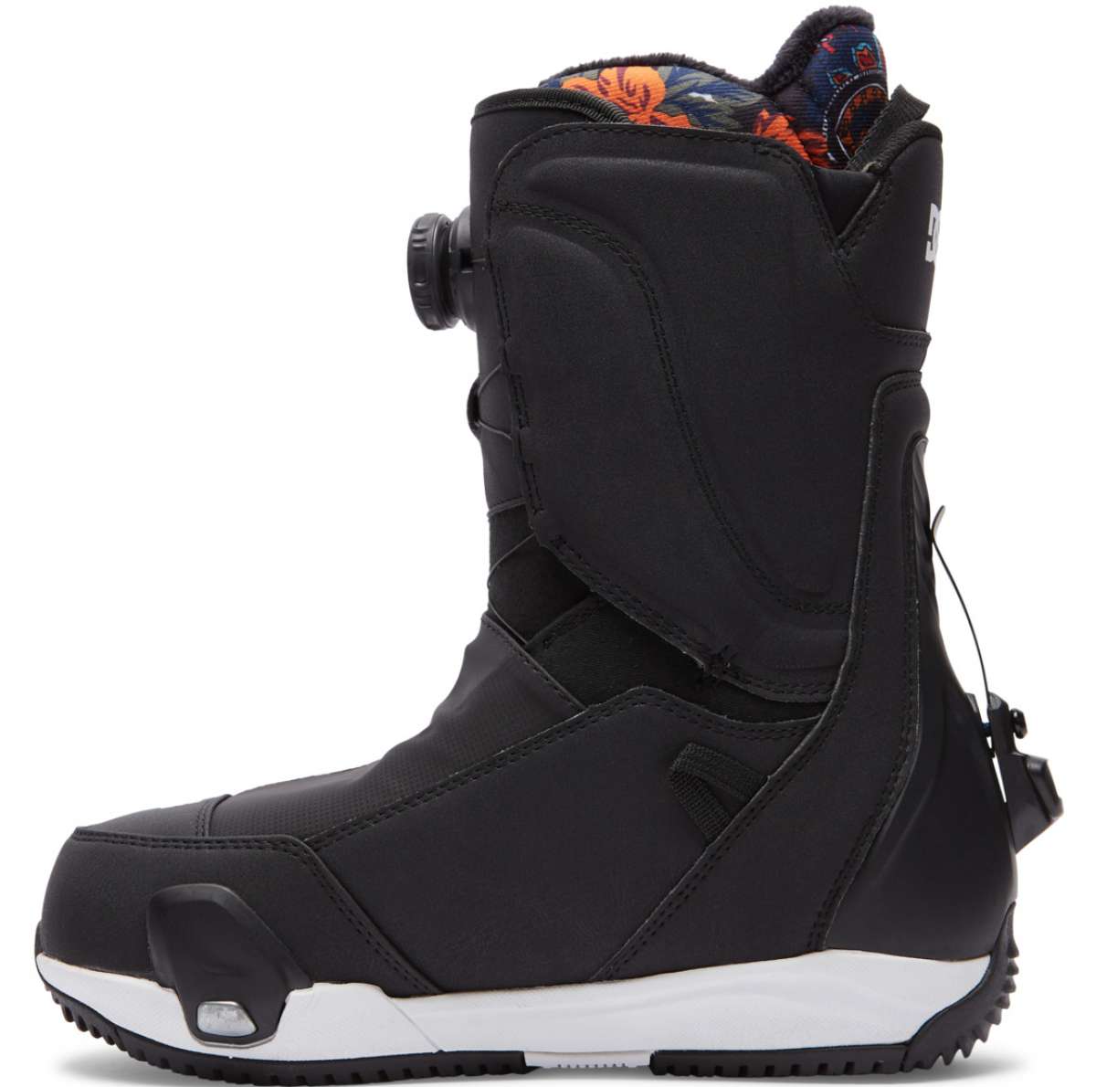 DC Women's Mora Step On Snowboard Boot 2023 - A black snowboard boot with a floral patterned interior and white accents on the sole.