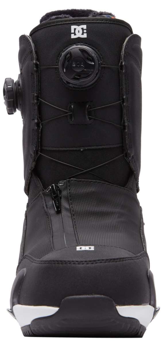 DC Women's Mora Step On Snowboard Boot 2023 - Black snowboard boots with a white logo on top and black laces.