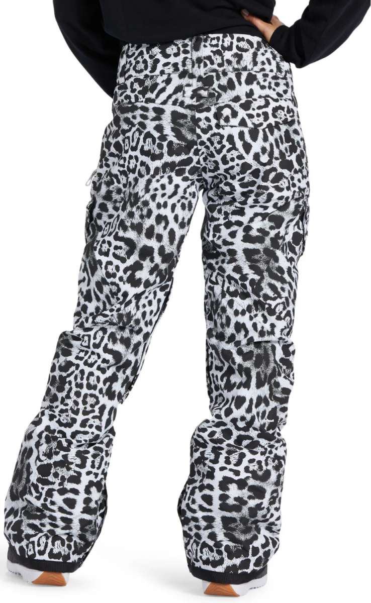 DC Women's Nonchalant Insulated Pant 2024 - Black snow pants with a leopard print design and black trim.