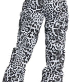 DC Women's Nonchalant Insulated Pant 2024 - Black snow pants with a leopard print design and black trim.