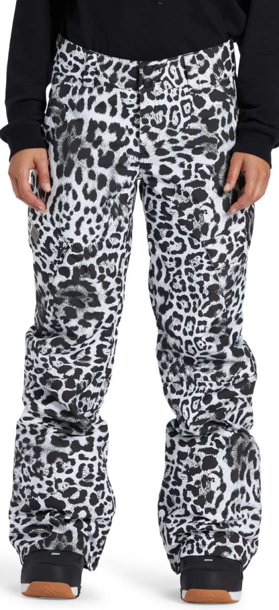 DC Women's Nonchalant Insulated Pant 2024 - Black snow pants with a leopard print design.