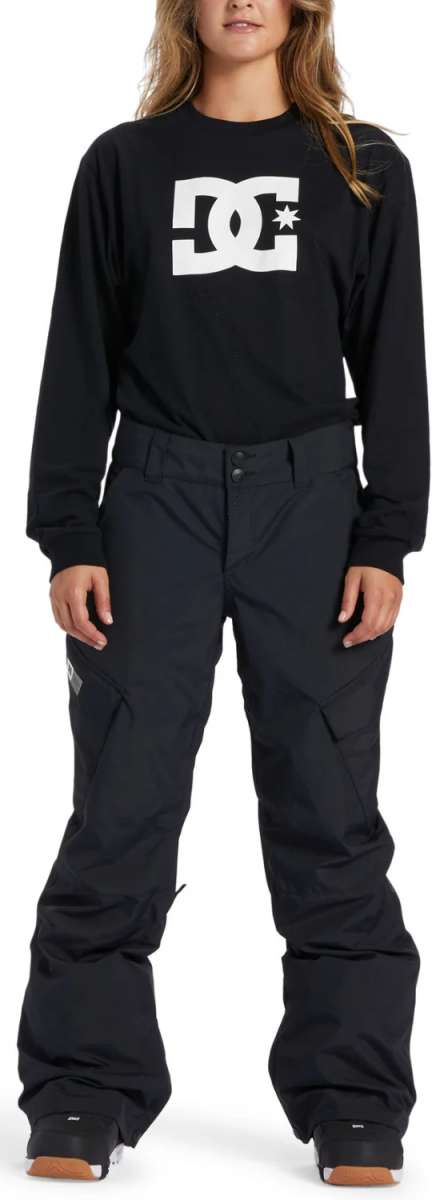DC Women's Nonchalant Insulated Pant 2024 - Black snowboard pants with a white DC logo on the left thigh and silver hardware.