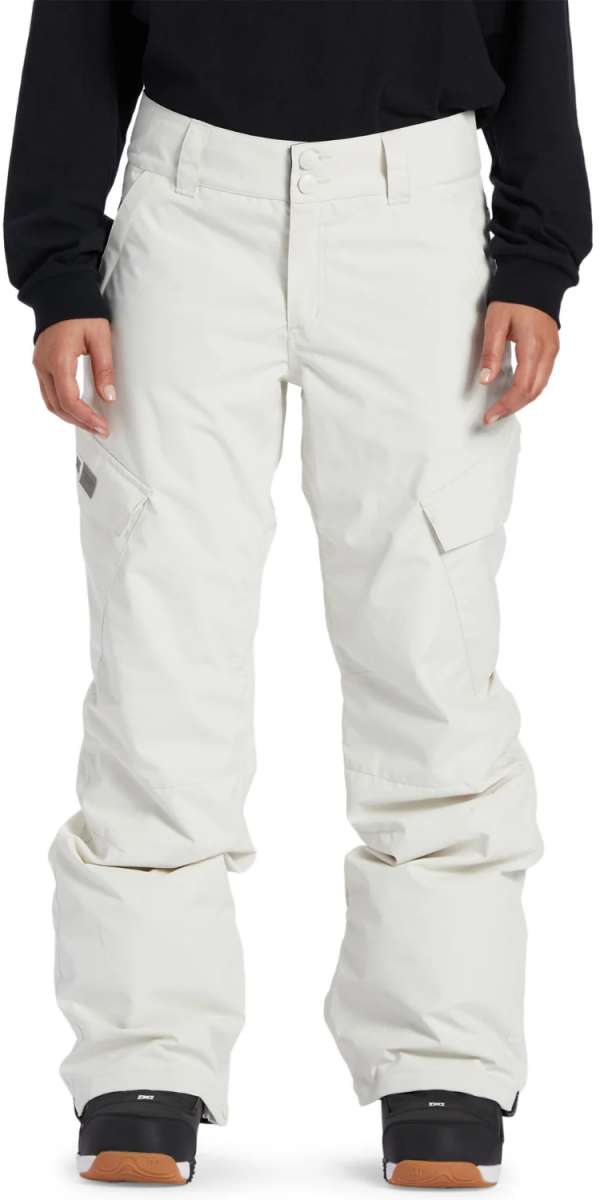 DC Women's Nonchalant Insulated Pant 2024 - White snow pants with a zippered pocket on the left thigh and a black logo patch on the right thigh.