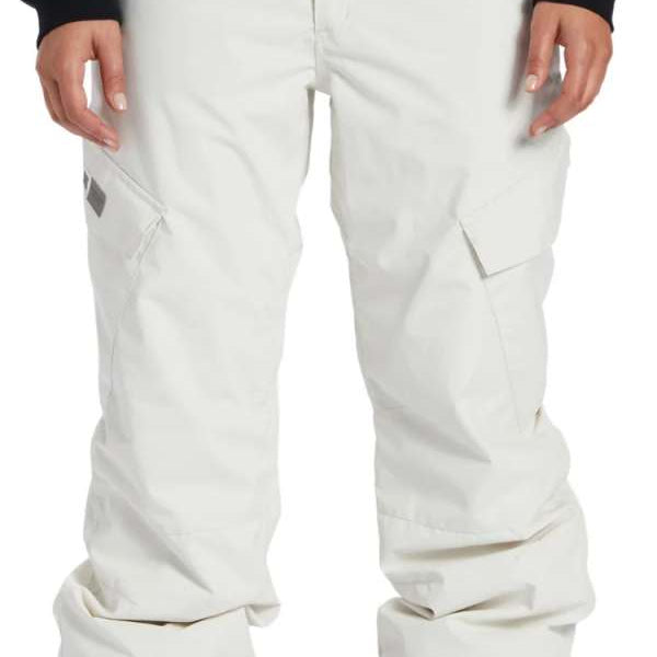 DC Women's Nonchalant Insulated Pant 2024 - White snow pants with a zippered pocket on the left thigh and a black logo patch on the right thigh.