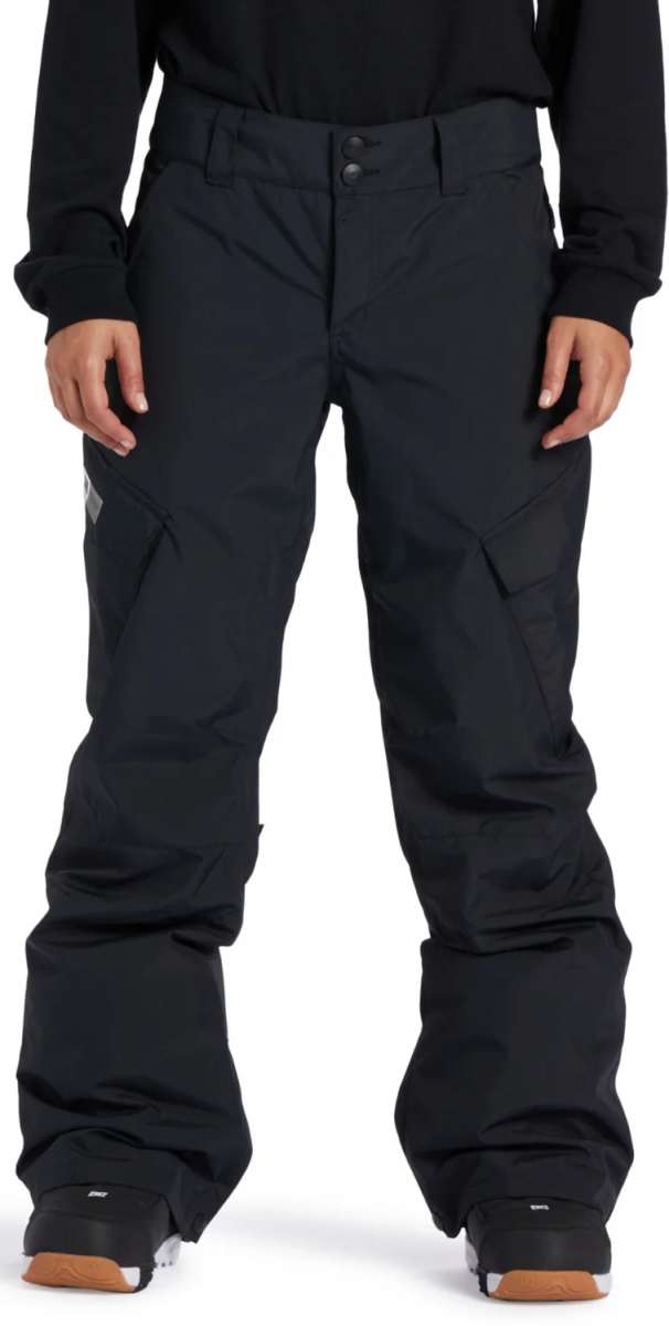 DC Women's Nonchalant Insulated Pant 2024 - Black snow pants with diagonal white stripes on the side of each leg.