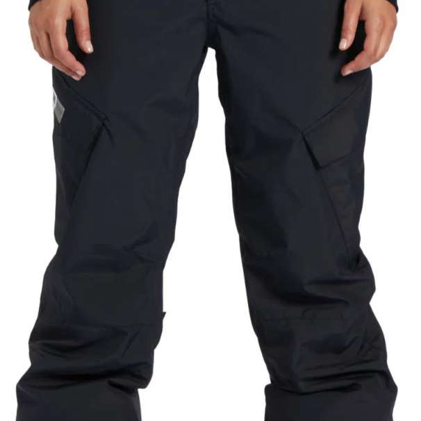DC Women's Nonchalant Insulated Pant 2024 - Black snow pants with diagonal white stripes on the side of each leg.