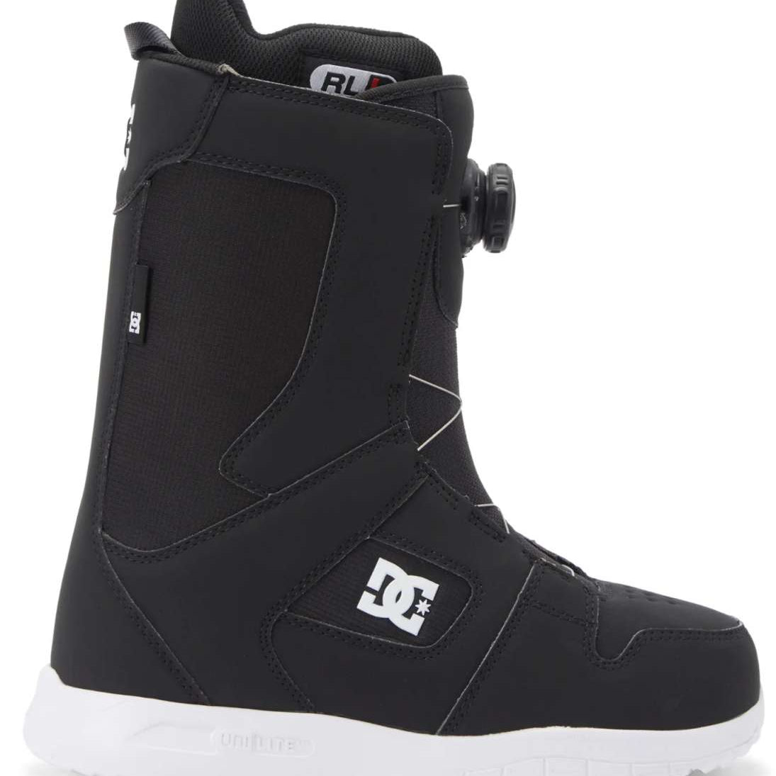 DC Women's Phase BOA Snowboard Boots 2024 - Black snowboard boots with a white logo on the side and a black BOA dial on top.