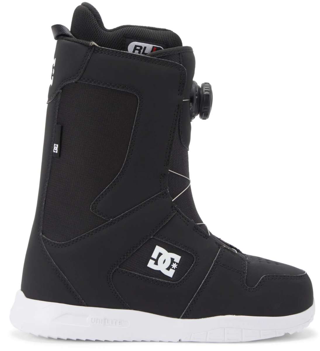 DC Women's Phase BOA Snowboard Boots 2024 - Black snowboard boots with a white logo on the side and a black BOA dial on top.