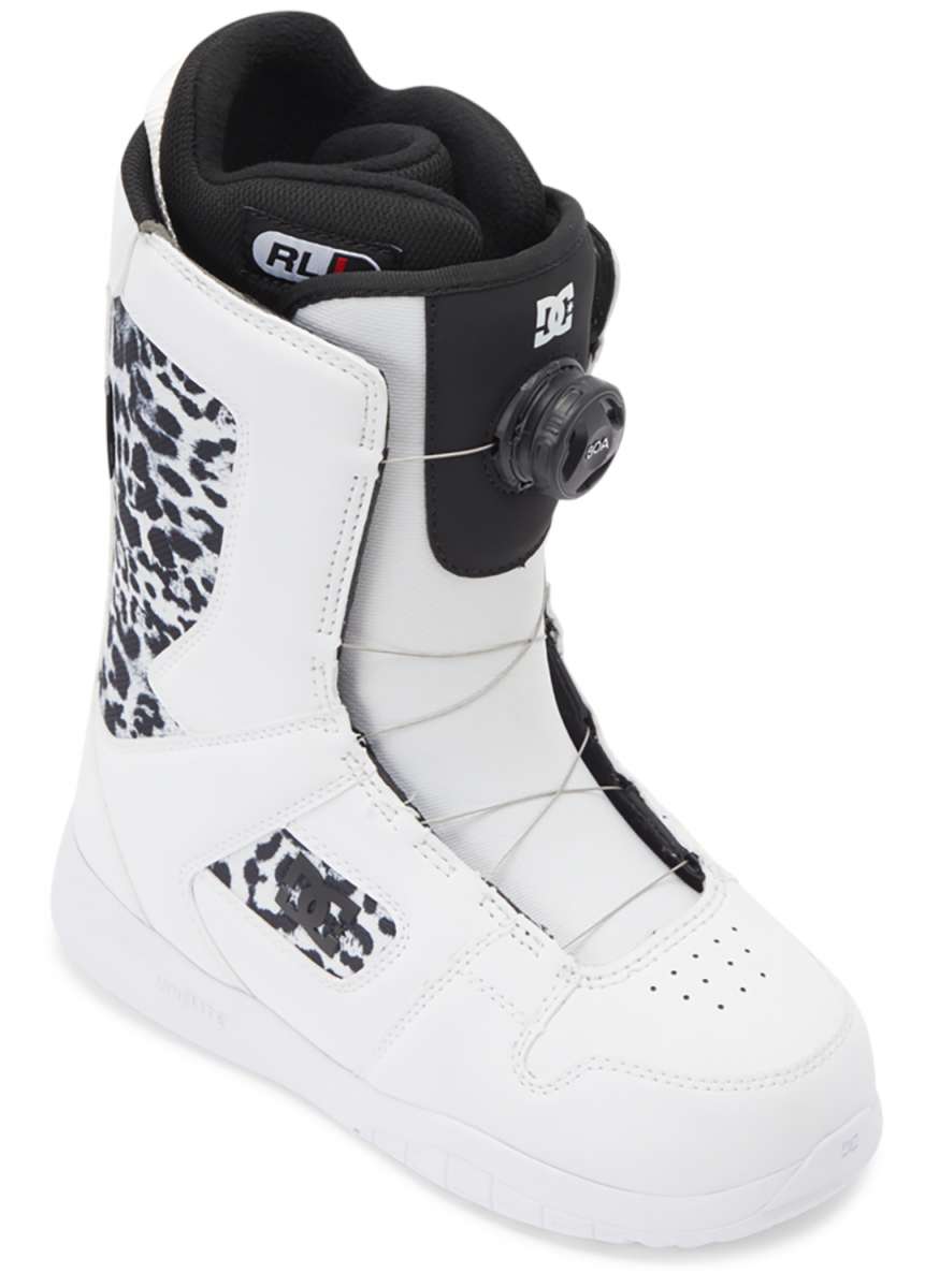 DC Women's Phase BOA Snowboard Boots 2024 - Black snowboard boots with a leopard print pattern on the side and black laces.