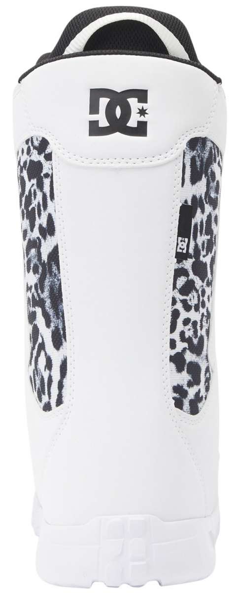 DC Women's Phase BOA Snowboard Boots 2024 - A pair of snowboard boots with a sleek black and white color scheme, featuring a subtle leopard print pattern on the side panels.
