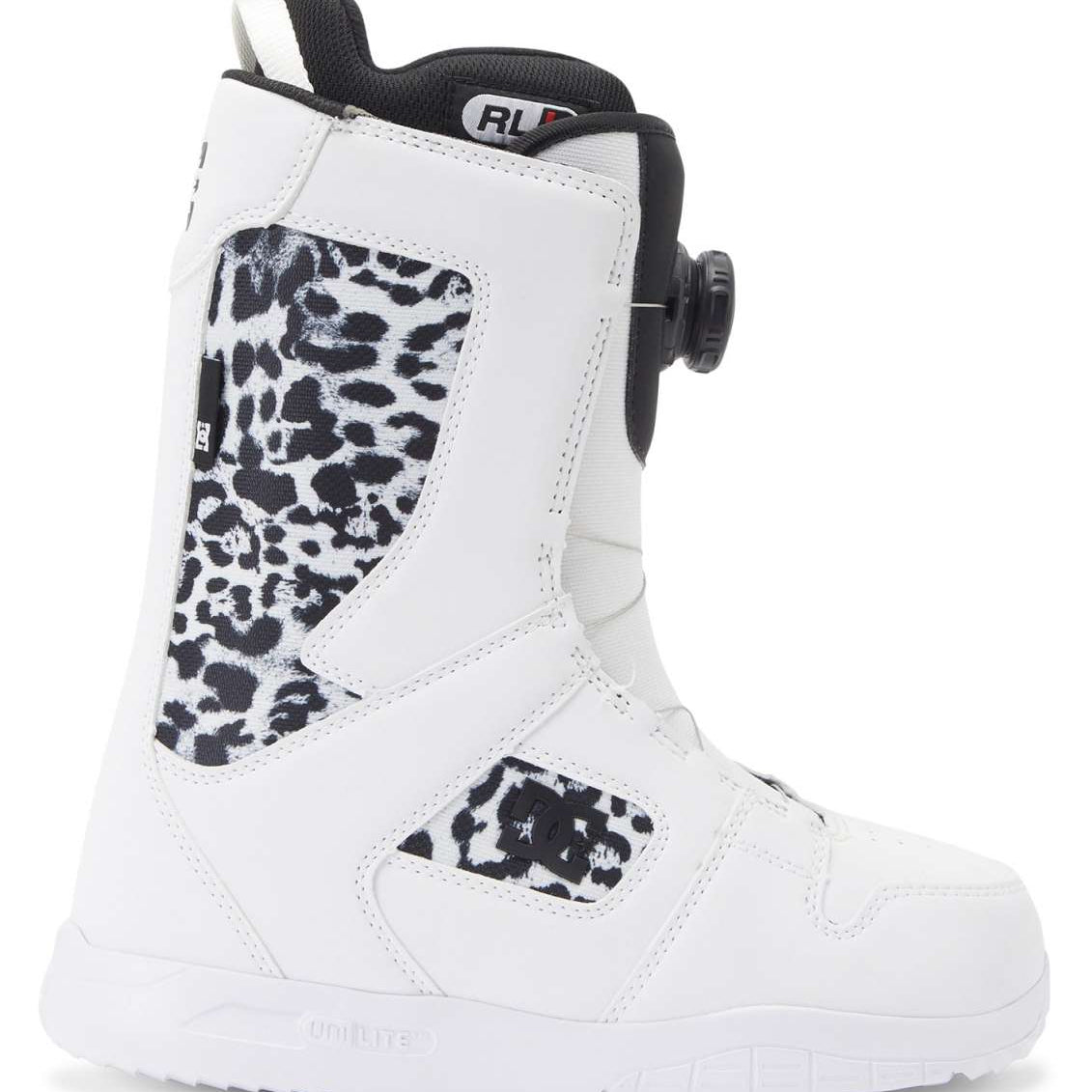 DC Women's Phase BOA Snowboard Boots 2024 - Black snowboard boots with a leopard print design on the side panel.