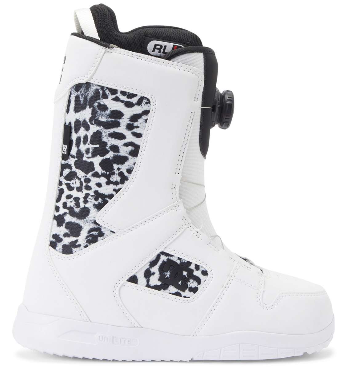 DC Women's Phase BOA Snowboard Boots 2024 - Black snowboard boots with a leopard print design on the side panel.