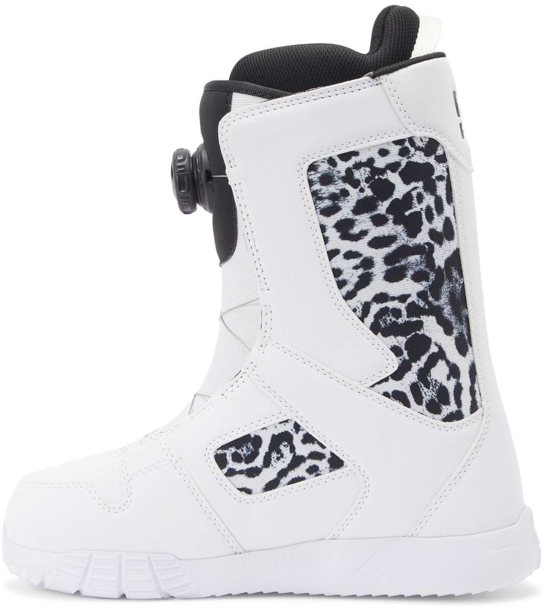 DC Women's Phase BOA Snowboard Boots 2024 - White snowboard boots with a leopard print on the side panel.