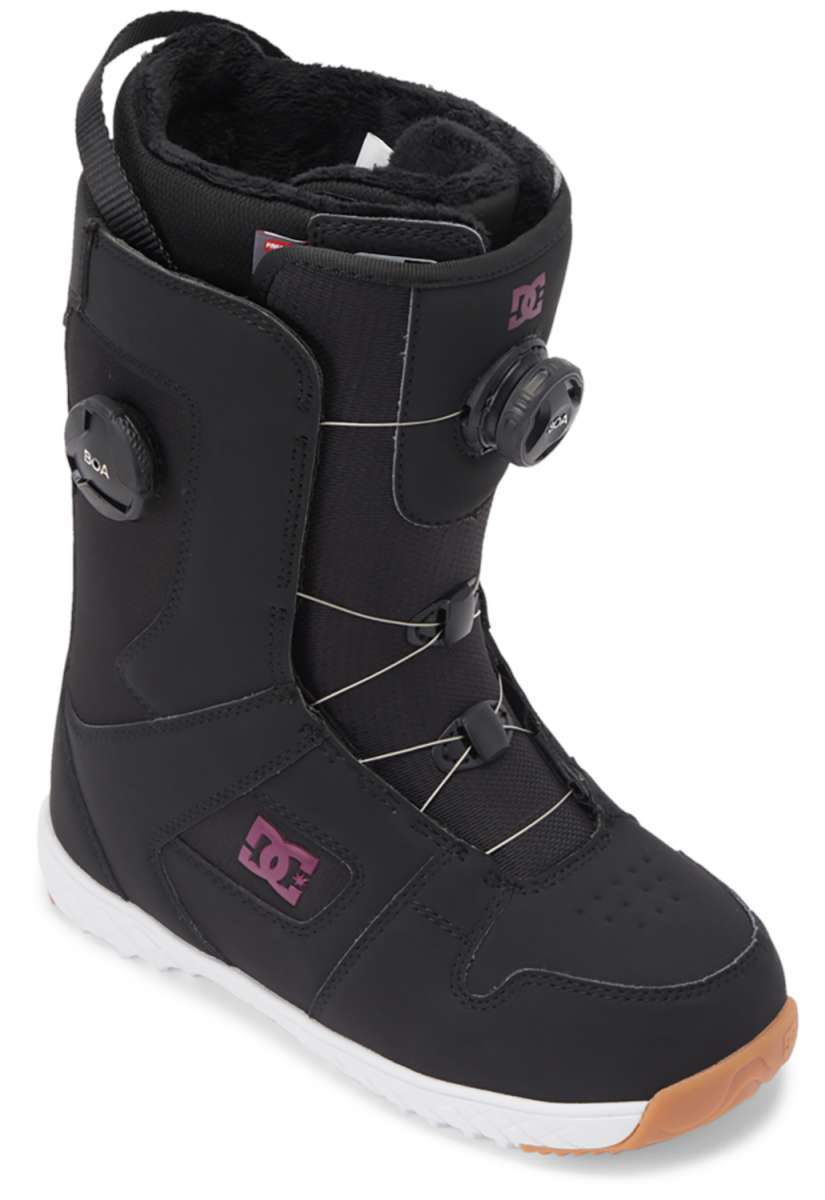 DC Women's Phase Pro BOA Snowboard Boots 2024 - Black snowboard boots with pink accents and a white sole.