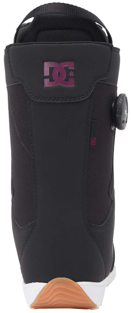 DC Women's Phase Pro BOA Snowboard Boots 2024 - Black boots with a pink DC logo on the back strap and white laces.