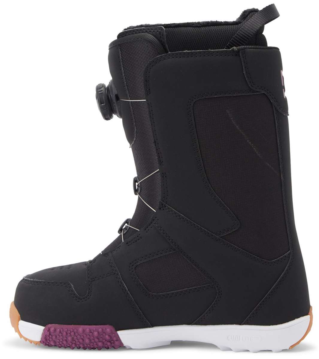 DC Women's Phase Pro BOA Snowboard Boots 2024 - Black snowboard boots with a pink logo on the side and white laces.