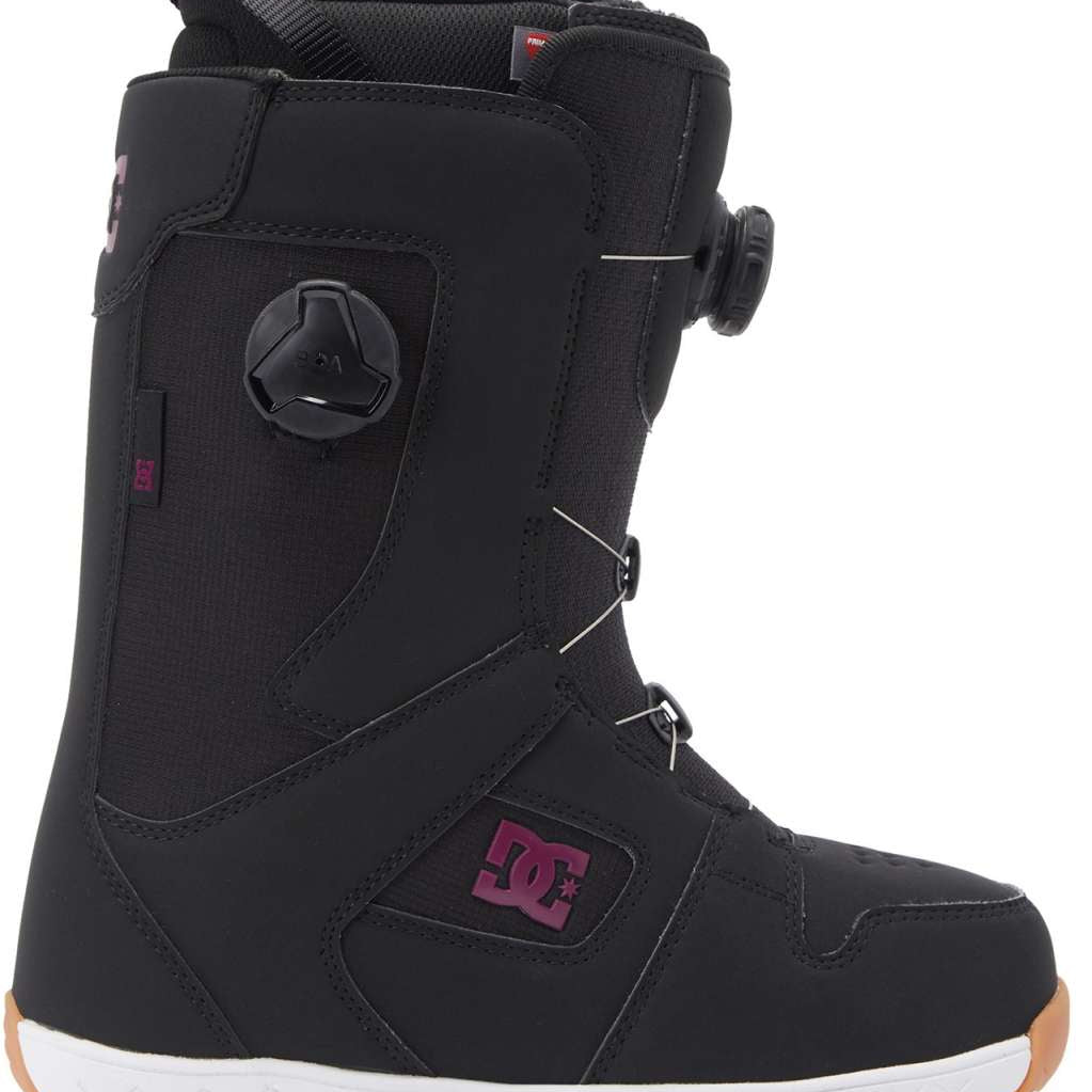 DC Women's Phase Pro BOA Snowboard Boots 2024 - Black snowboard boots with a pink logo on the side and white soles.