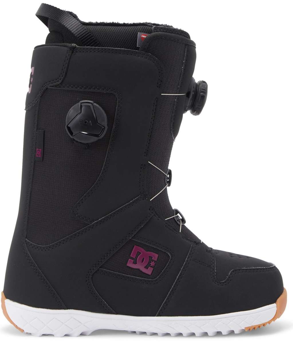 DC Women's Phase Pro BOA Snowboard Boots 2024 - Black snowboard boots with a pink logo on the side and white soles.
