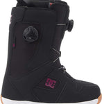 DC Women's Phase Pro BOA Snowboard Boots 2024 - Black snowboard boots with a pink logo on the side and white soles.