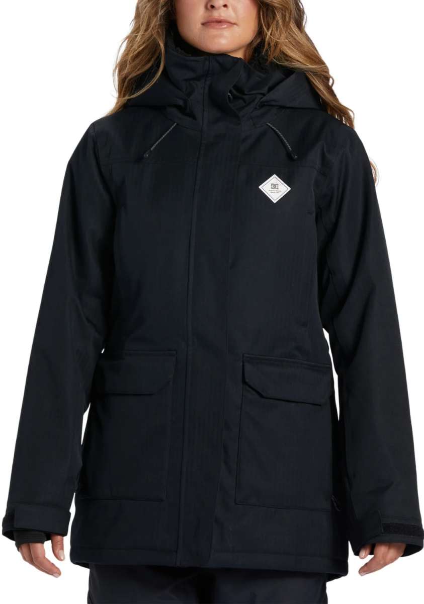 DC Women's Phoenix Insulated Parka 2024 - A black parka with a hood and two zippered pockets on the front.