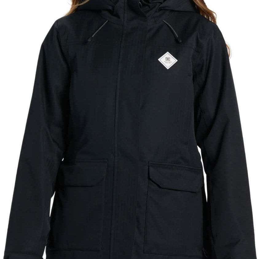 DC Women's Phoenix Insulated Parka 2024 - A black parka with a hood and two zippered pockets on the front.
