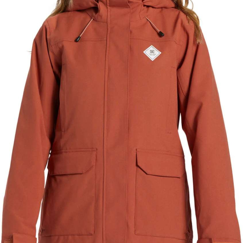 DC Women's Phoenix Insulated Parka 2024 - A salmon-colored parka with a hood and two zippered pockets on the front.