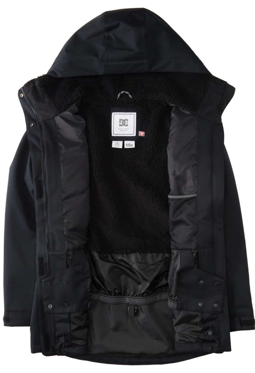 DC Women's Phoenix Insulated Parka - A black parka with a hood, featuring a white logo on the chest and a zipper closure.