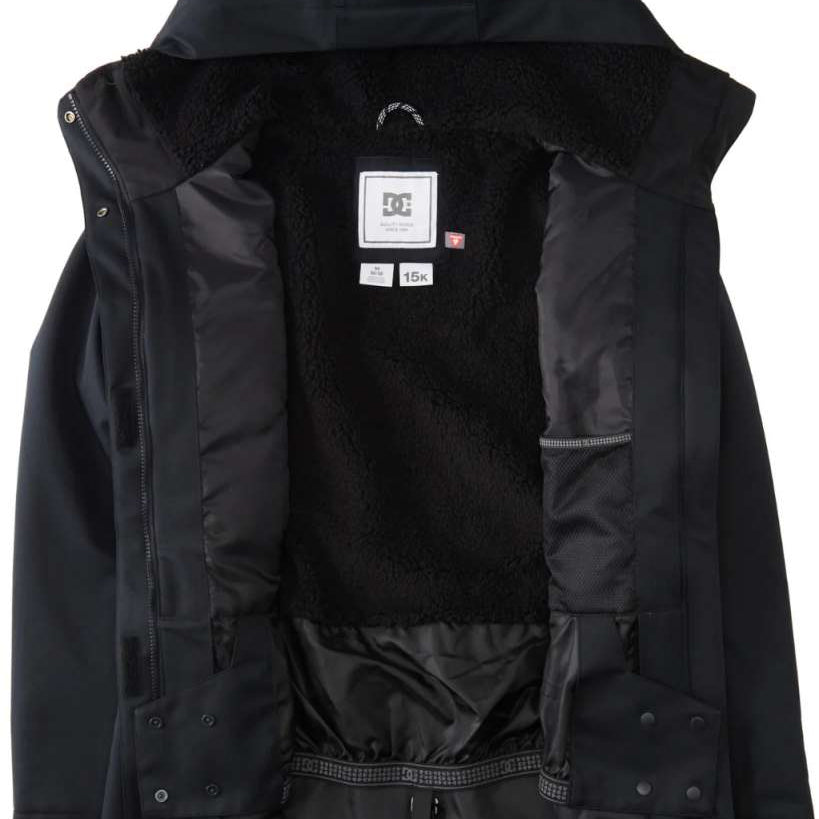 DC Women's Phoenix Insulated Parka - A black parka with a hood, featuring a white logo on the chest and a zipper closure.