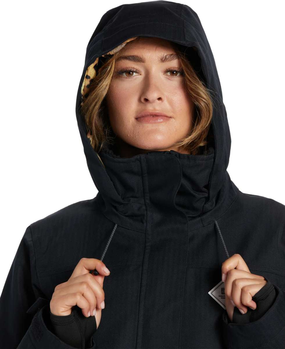 DC Women's Phoenix Insulated Parka 2024 - A black parka with a leopard print lining visible inside the hood.