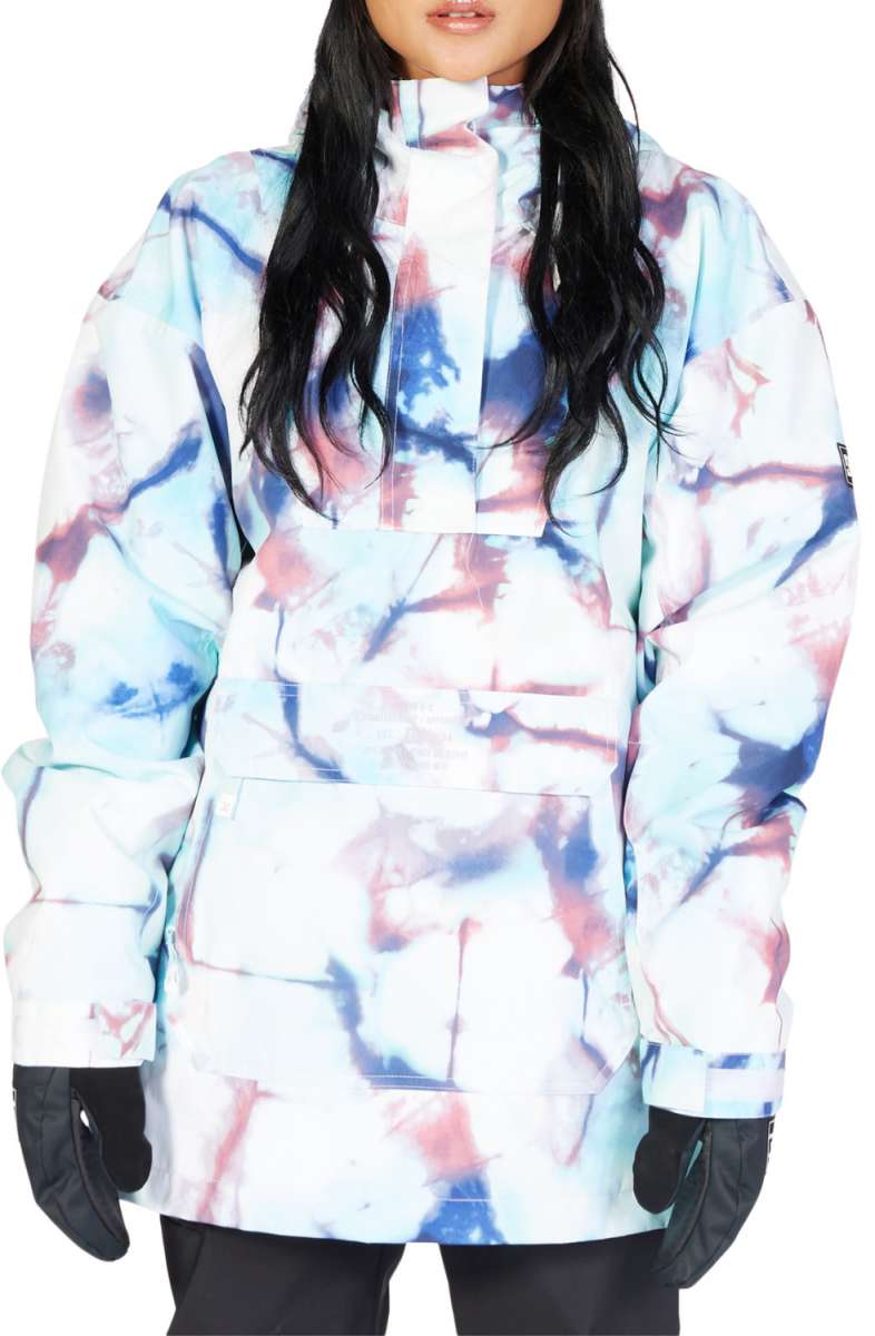 DC Women's Savvy Anorak Jacket 2023 - A white jacket with a blue and pink tie-dye pattern.