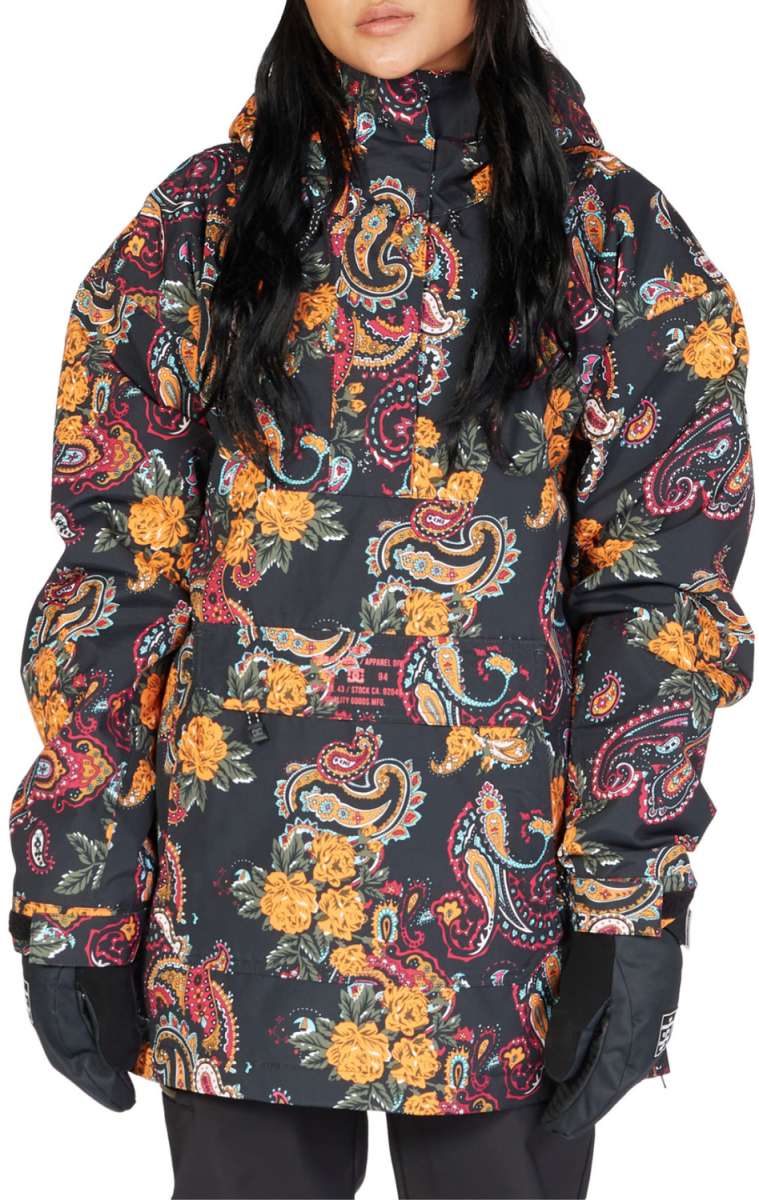 DC Women's Savvy Anorak Jacket 2023 - A black jacket with a paisley pattern featuring yellow, red, and blue accents.