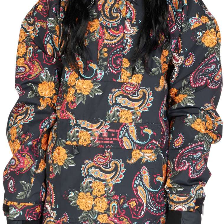 DC Women's Savvy Anorak Jacket 2023 - A black jacket with a paisley pattern featuring yellow, red, and blue accents.
