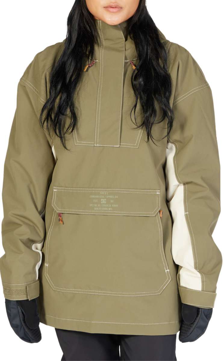 DC Women's Savvy Anorak Jacket 2023 - A khaki green jacket with a zippered chest pocket and two zippered side pockets.
