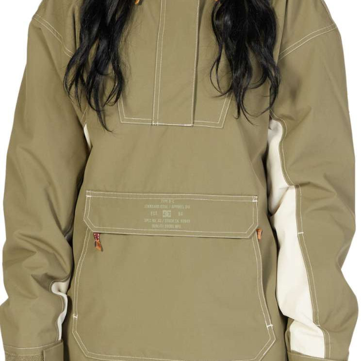 DC Women's Savvy Anorak Jacket 2023 - A khaki green jacket with a zippered chest pocket and two zippered side pockets.