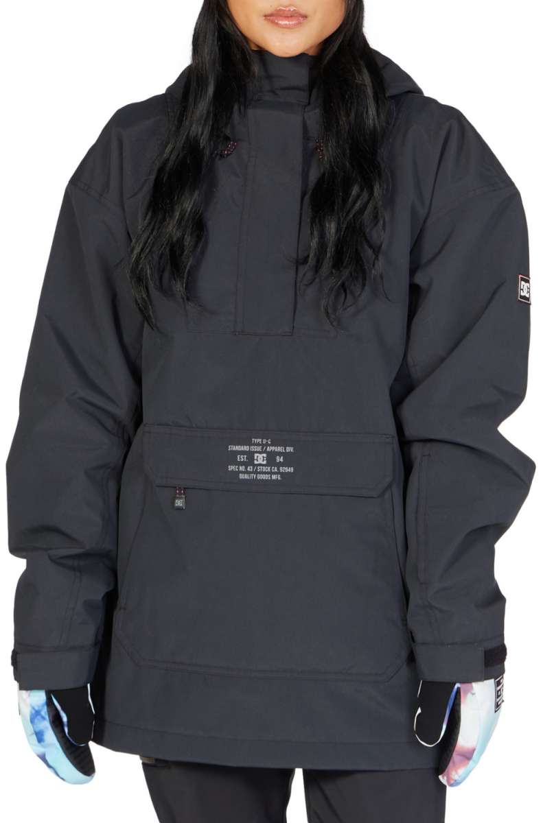 DC Women's Savvy Anorak Jacket 2023 - A black jacket with a hood and zippered pockets.