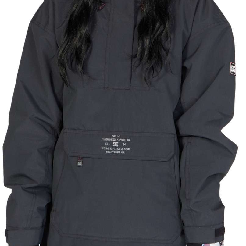 DC Women's Savvy Anorak Jacket 2023 - A black jacket with a hood and zippered pockets.