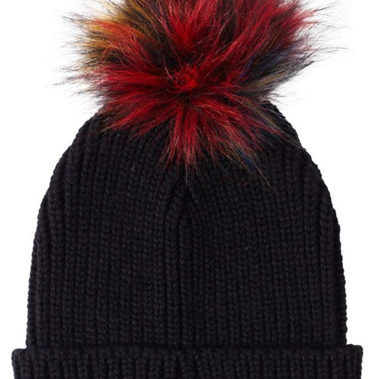 DC Women's Splendid Beanie 2022 - A black beanie with a large, multicolored pom-pom on top.
