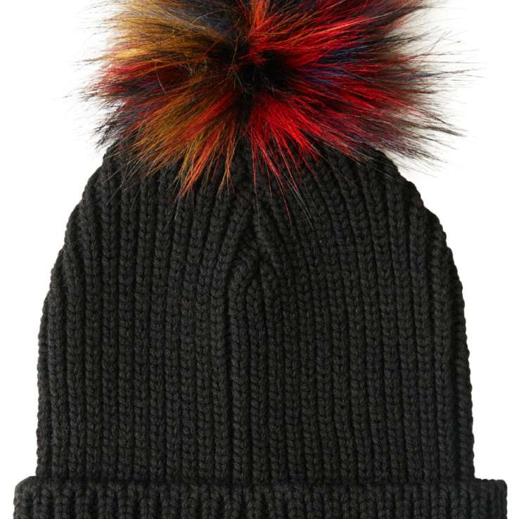 DC Women's Splendid Beanie 2023 - A black beanie with a large, multicolored pom-pom on top.