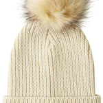 DC Women's Splendid Beanie 2023 - A cream-colored beanie with a faux fur pom-pom on top.