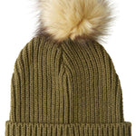 DC Women's Splendid Beanie 2023 - A green beanie with a brown faux fur pom-pom on top.