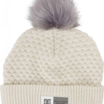 DC Women's Splendid Beanie 2024 - A cream-colored beanie with a gray faux-fur pom-pom on top.