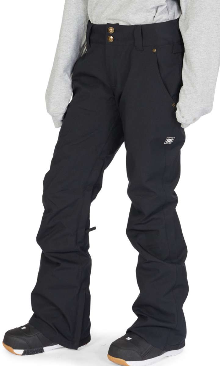 DC Women's Viva Shell Pant 2023 - Black snow pants with a subtle white pattern on the left leg, featuring two zippered pockets and a belt loop at the waist.