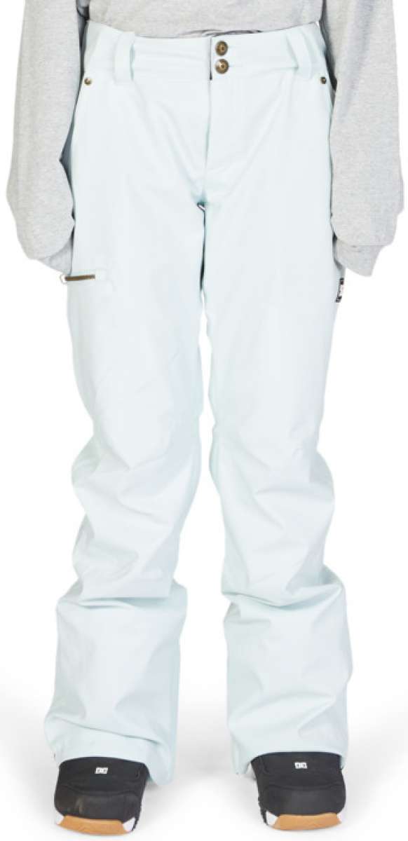 DC Women's Viva Shell Pant 2023 - Light blue snow pants with a subtle white pattern on the left leg, featuring two front pockets and a zippered pocket on the right thigh.